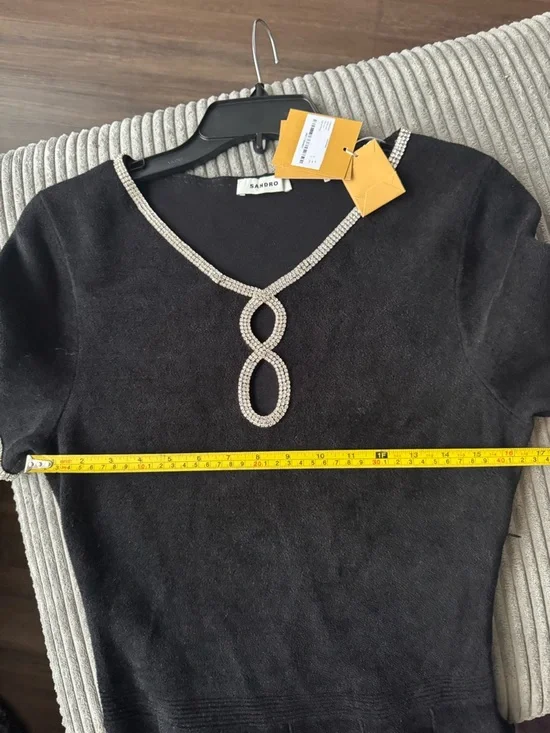 NWT Women's Black Crystal-Embellished Cutout Velvet Mini Dress size 40 stretchy - Picture 10 of 12